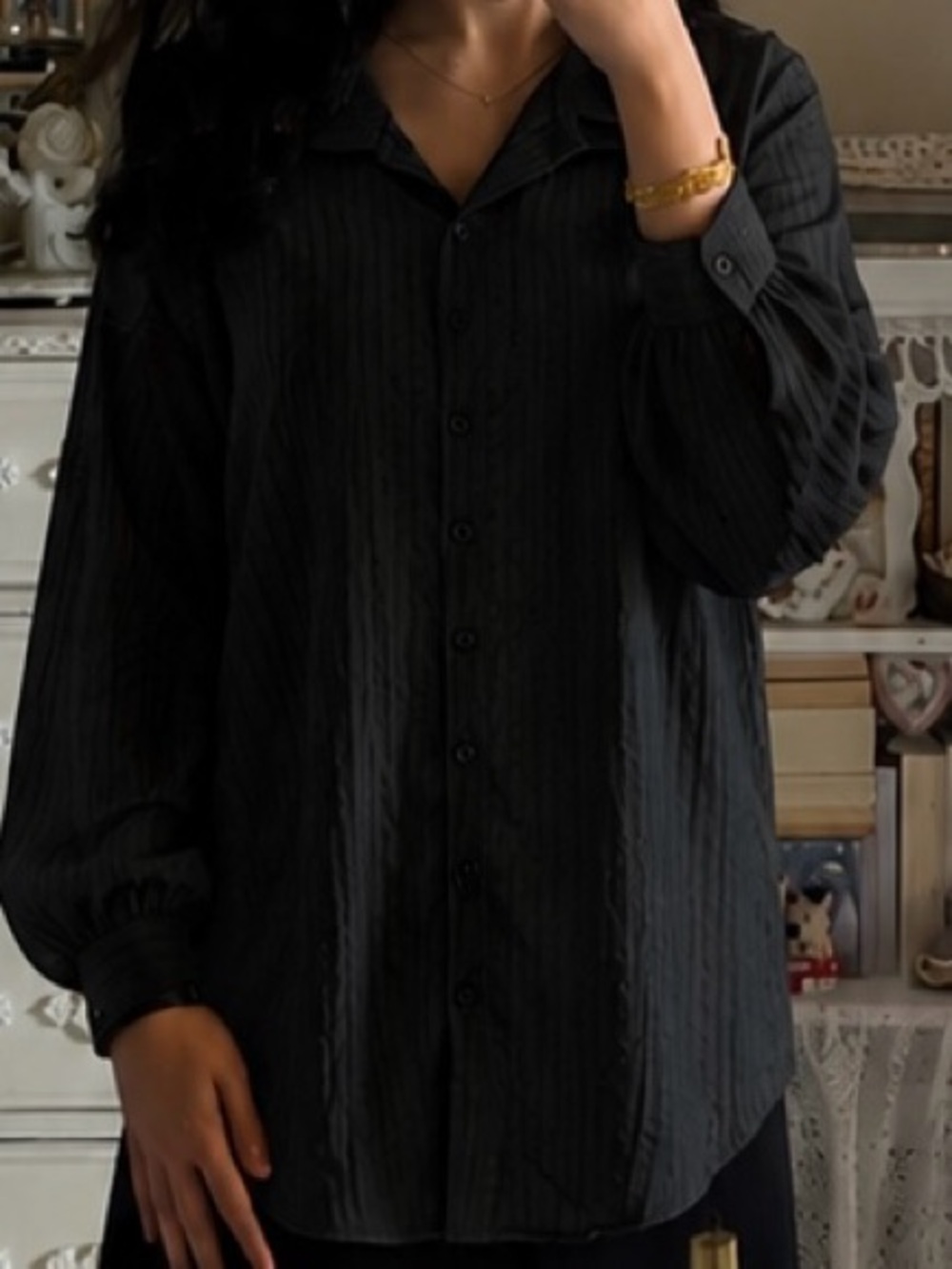 SHEIN Black Pinstripe Button-Down Shirt